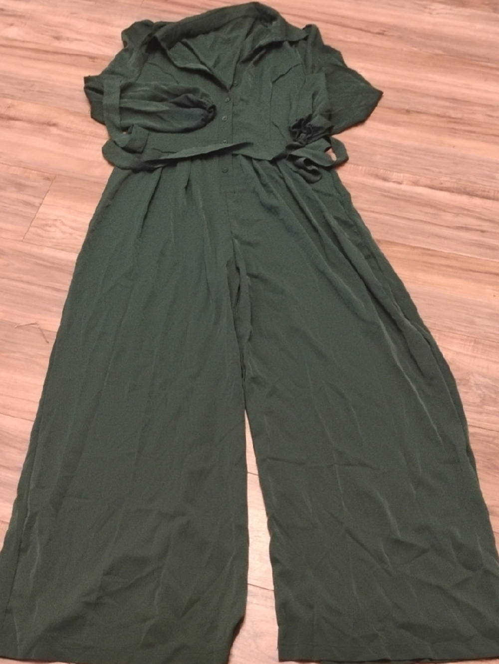 SHEIN Dark Green Button-Front Wide-Leg Jumpsuit